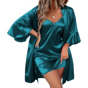 image:imageEkouaer Womens Silk Robe Set Vneck 2 Piece Bridal Party Robes and Satin Bathrobe Set with PocketsDark Green