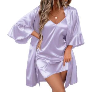 image:imageEkouaer Womens Silk Robe Set Vneck 2 Piece Bridal Party Robes and Satin Bathrobe Set with PocketsLight Purple