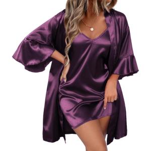 image:imageEkouaer Womens Silk Robe Set Vneck 2 Piece Bridal Party Robes and Satin Bathrobe Set with PocketsPurple