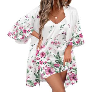 image:imageEkouaer Womens Silk Robe Set Vneck 2 Piece Bridal Party Robes and Satin Bathrobe Set with PocketsWhite Floral