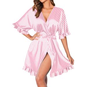 image:imageEkouaer Womens Silk Ruffle Robe Short Satin Kimono Robe Half Sleeve Bathrobe Bridesmaid Wedding Party Dressing GownPink White Stripes