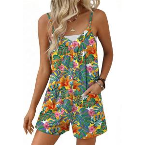 image:imageEkouaer Womens Summer Casual Sleeveless Rompers 2026 Floral Loose Shorts Overalls Adjustable Boho Jumpsuits with PocketsGreen Leaves Floral