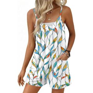 image:imageEkouaer Womens Summer Casual Sleeveless Rompers 2026 Floral Loose Shorts Overalls Adjustable Boho Jumpsuits with PocketsWhite Leaves Print