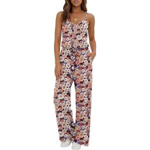 image:imageEkouaer Womens Summer Jumpsuits Dressy Sleeveless Wide Leg Long Pants Rompers Casual One Piece Outfits with PocketsBlack Floral