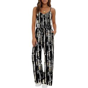 image:imageEkouaer Womens Summer Jumpsuits Dressy Sleeveless Wide Leg Long Pants Rompers Casual One Piece Outfits with PocketsBlack White Tie Dye