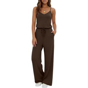 image:imageEkouaer Womens Summer Jumpsuits Dressy Sleeveless Wide Leg Long Pants Rompers Casual One Piece Outfits with PocketsBrown