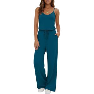 image:imageEkouaer Womens Summer Jumpsuits Dressy Sleeveless Wide Leg Long Pants Rompers Casual One Piece Outfits with PocketsDark Blue