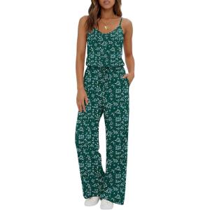 image:imageEkouaer Womens Summer Jumpsuits Dressy Sleeveless Wide Leg Long Pants Rompers Casual One Piece Outfits with PocketsGreen Floral