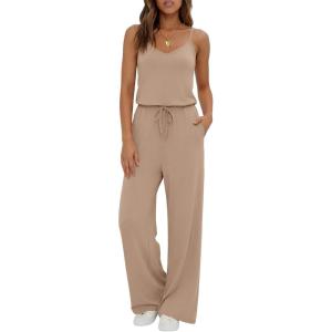 image:imageEkouaer Womens Summer Jumpsuits Dressy Sleeveless Wide Leg Long Pants Rompers Casual One Piece Outfits with PocketsKhaki