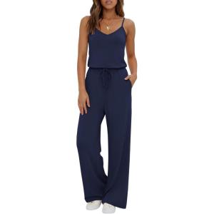 image:imageEkouaer Womens Summer Jumpsuits Dressy Sleeveless Wide Leg Long Pants Rompers Casual One Piece Outfits with PocketsNavy Blue