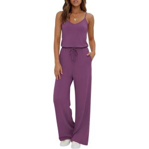 image:imageEkouaer Womens Summer Jumpsuits Dressy Sleeveless Wide Leg Long Pants Rompers Casual One Piece Outfits with PocketsPurple