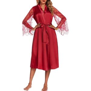 image:imageEouaer Womens Satin Kimono Robe for Bridesmaid and Bride Wedding Party Getting Ready Short RobeWine Red