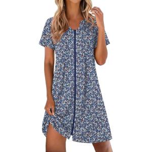 image:imageEKOUAER Women Zipper Robes Short Bathrobe Lightweight Mumu Duster House Coat with Pockets Soft Moo Moo NightgownFloral Blue