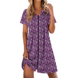 image:imageEKOUAER Women Zipper Robes Short Bathrobe Lightweight Mumu Duster House Coat with Pockets Soft Moo Moo NightgownFloral Purple