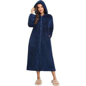 image:imageEkouaer Fleece Robes for Women Hooded Plush Zipper Front Long Bathrobe Warm House Robe Sleepwear with PocketsB Navy Blue