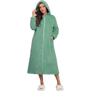 image:imageEkouaer Fleece Robes for Women Hooded Plush Zipper Front Long Bathrobe Warm House Robe Sleepwear with PocketsP Green Jacquard