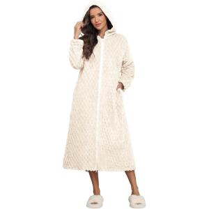 image:imageEkouaer Fleece Robes for Women Hooded Plush Zipper Front Long Bathrobe Warm House Robe Sleepwear with PocketsP White Jacquard