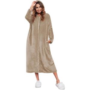image:imageEkouaer Fleece Robes for Women Hooded Plush Zipper Front Long Bathrobe Warm House Robe Sleepwear with PocketsZ Khaki