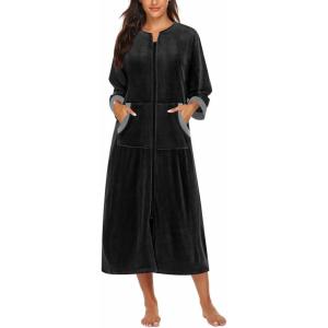 image:imageEkouaer Robe for Women Velour Zipper Robe 34 Sleeves Housecoat Full Length Loungewear Long Bathrobe with PocketsVelourblack