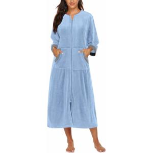image:imageEkouaer Robe for Women Velour Zipper Robe 34 Sleeves Housecoat Full Length Loungewear Long Bathrobe with PocketsVelourblue