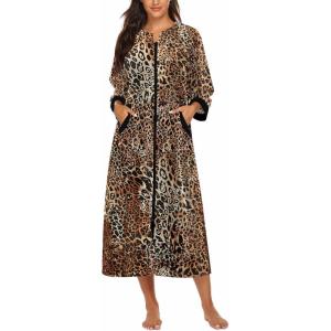 image:imageEkouaer Robe for Women Velour Zipper Robe 34 Sleeves Housecoat Full Length Loungewear Long Bathrobe with PocketsVelourleopard Print
