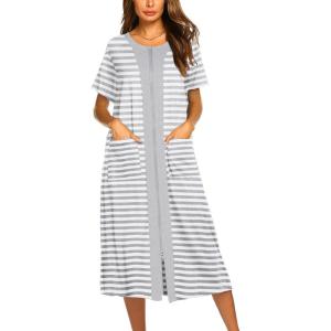 image:imageEkouaer Robes For Women Zipper Front Bathrobe Short Sleeve House Coat Long Nightgown With Pockets Soft LoungewearAwhite