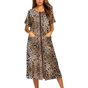 image:imageEkouaer Robes For Women Zipper Front Bathrobe Short Sleeve House Coat Long Nightgown With Pockets Soft LoungewearBrown Leopard Print