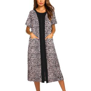 image:imageEkouaer Robes For Women Zipper Front Bathrobe Short Sleeve House Coat Long Nightgown With Pockets Soft LoungewearLeopard Print