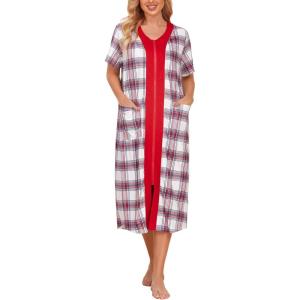 image:imageEkouaer Robes For Women Zipper Front Bathrobe Short Sleeve House Coat Long Nightgown With Pockets Soft LoungewearPat6
