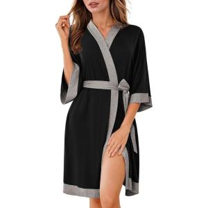 image:imageEkouaer Robes for Women Knee Length Bathrobe Lightweight Kimono Robe 34 Sleeve Knit Sleepwear with PocketsBlack