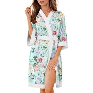 image:imageEkouaer Robes for Women Knee Length Bathrobe Lightweight Kimono Robe 34 Sleeve Knit Sleepwear with PocketsGreen Flower