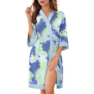 image:imageEkouaer Robes for Women Knee Length Bathrobe Lightweight Kimono Robe 34 Sleeve Knit Sleepwear with PocketsGreen Tie Dye