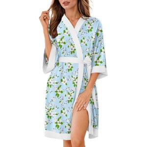 image:imageEkouaer Robes for Women Knee Length Bathrobe Lightweight Kimono Robe 34 Sleeve Knit Sleepwear with PocketsLight Blue Flower