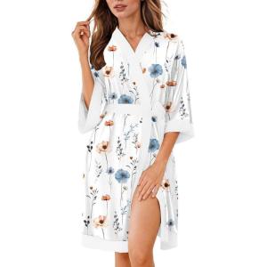 image:imageEkouaer Robes for Women Knee Length Bathrobe Lightweight Kimono Robe 34 Sleeve Knit Sleepwear with PocketsWhite Blue Flowers