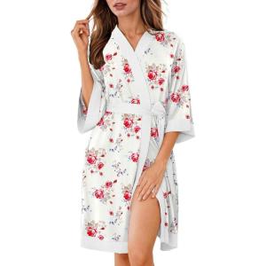 image:imageEkouaer Robes for Women Knee Length Bathrobe Lightweight Kimono Robe 34 Sleeve Knit Sleepwear with PocketsWhite Red Flowers