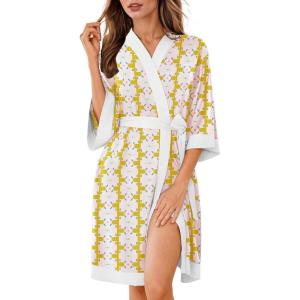 image:imageEkouaer Robes for Women Knee Length Bathrobe Lightweight Kimono Robe 34 Sleeve Knit Sleepwear with PocketsYellow Pink Grid