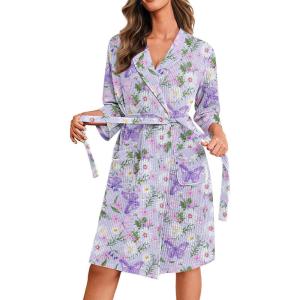 image:imageEkouaer Robes for Women Waffle Knit Bathrobe Lightweight Kimono Robe Knee Length Loungewear with PocketsPurple Butterfly Floral
