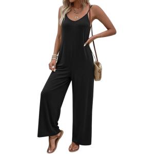 image:imageEkouaer Women Jumpsuits Casual Boho Overalls Sleeveless Spaghetti Strap Long Pants Romper with PocketsBlack