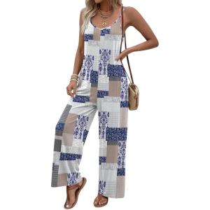 image:imageEkouaer Women Jumpsuits Casual Boho Overalls Sleeveless Spaghetti Strap Long Pants Romper with PocketsGrey Print