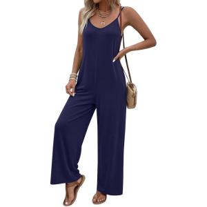 image:imageEkouaer Women Jumpsuits Casual Boho Overalls Sleeveless Spaghetti Strap Long Pants Romper with PocketsNavy Blue
