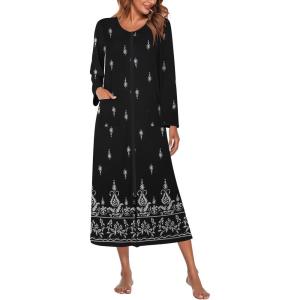 image:imageEkouaer Women Long House Coat Zipper Front Robes Full Length Nightgowns with Pockets Striped Loungewear S4XLBlack Ethnic Print