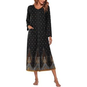 image:imageEkouaer Women Long House Coat Zipper Front Robes Full Length Nightgowns with Pockets Striped Loungewear S4XLBlack Feather