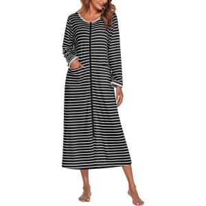 image:imageEkouaer Women Long House Coat Zipper Front Robes Full Length Nightgowns with Pockets Striped Loungewear S4XLBlack Stripes