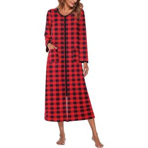 image:imageEkouaer Women Long House Coat Zipper Front Robes Full Length Nightgowns with Pockets Striped Loungewear S4XLBlack and Red Plaid