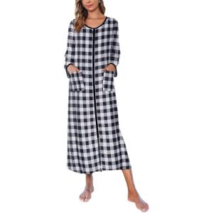 image:imageEkouaer Women Long House Coat Zipper Front Robes Full Length Nightgowns with Pockets Striped Loungewear S4XLBlack and White Plaid