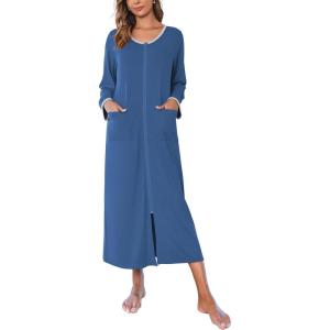 image:imageEkouaer Women Long House Coat Zipper Front Robes Full Length Nightgowns with Pockets Striped Loungewear S4XLBlue