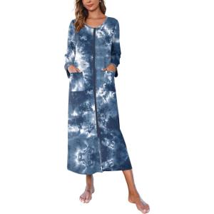 image:imageEkouaer Women Long House Coat Zipper Front Robes Full Length Nightgowns with Pockets Striped Loungewear S4XLBlue Tie Dye