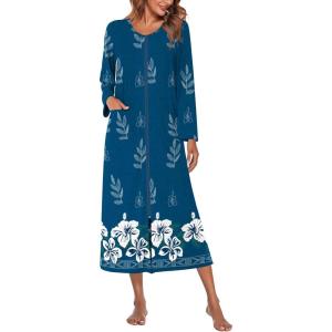 image:imageEkouaer Women Long House Coat Zipper Front Robes Full Length Nightgowns with Pockets Striped Loungewear S4XLBlue White Floral