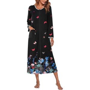 image:imageEkouaer Women Long House Coat Zipper Front Robes Full Length Nightgowns with Pockets Striped Loungewear S4XLColorful Butterfly