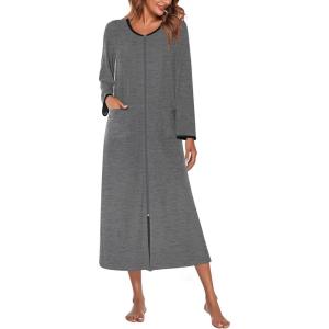 image:imageEkouaer Women Long House Coat Zipper Front Robes Full Length Nightgowns with Pockets Striped Loungewear S4XLDark Grey